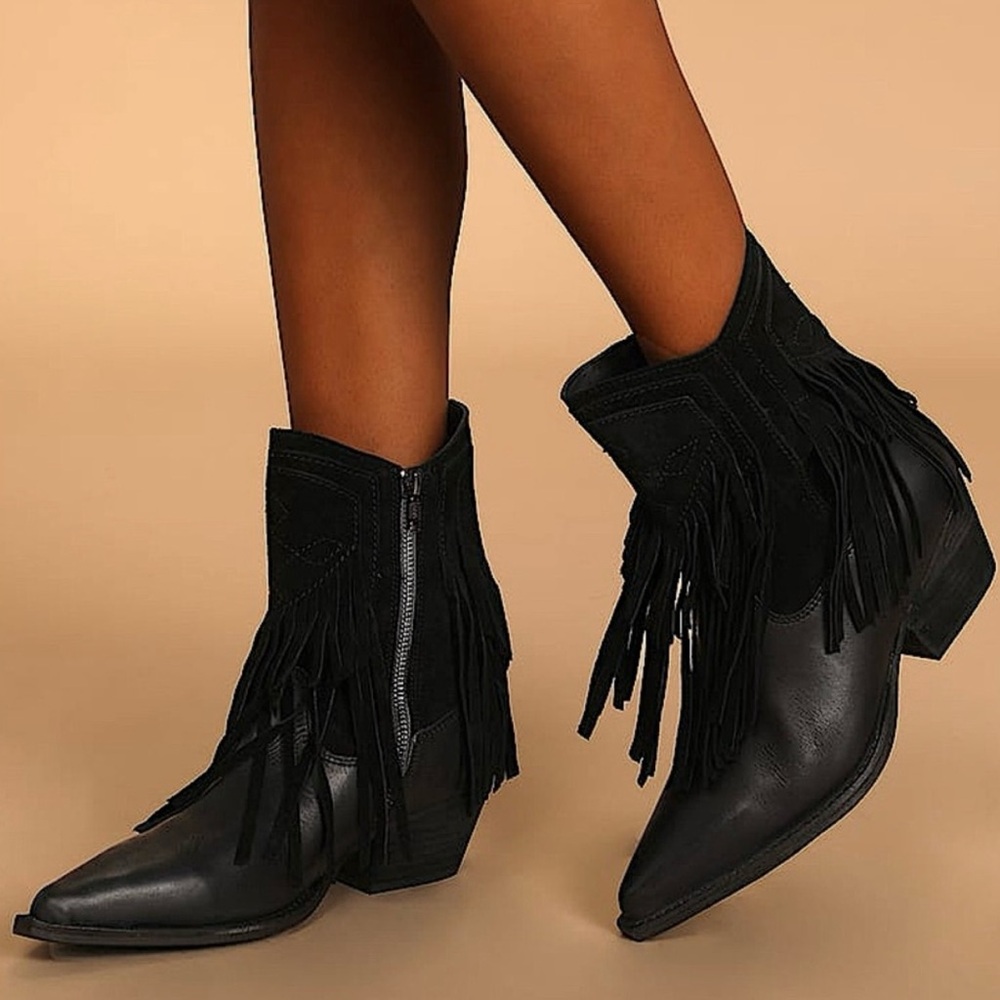 Free People Black Fringe Ankle Booties